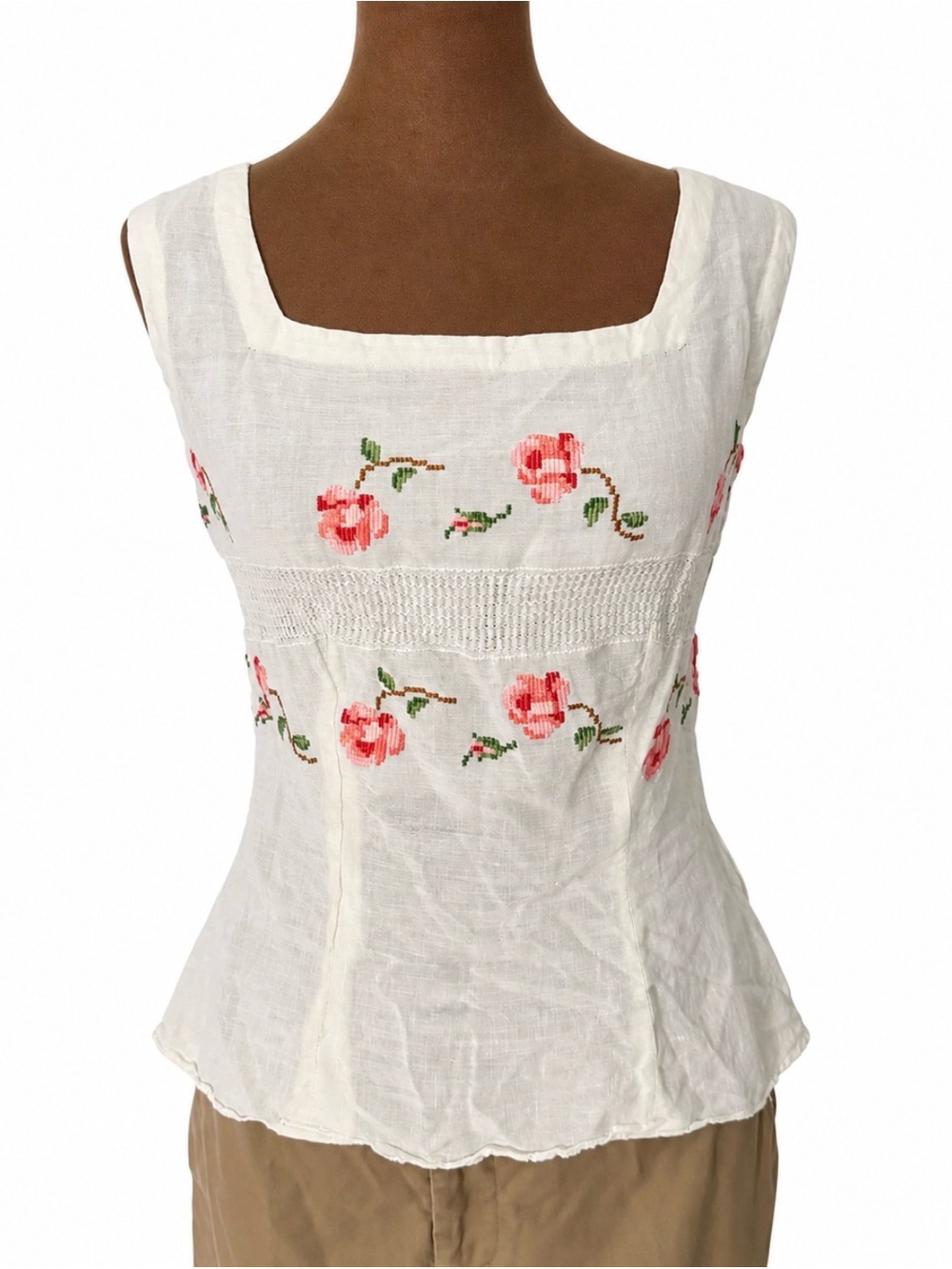 Vintage Floral Embroidered Square Neck Tank Top Size S